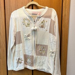 Basic Editions Cream and Tan Embroidered Holiday Sweater.  Size XL.